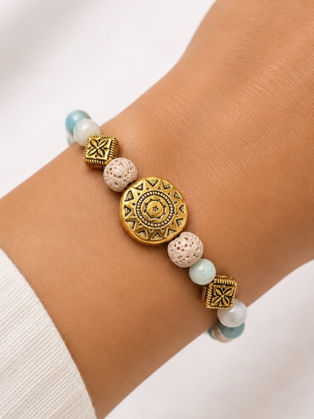 NEW - Amazonite, Lava & Gold Beaded Boho Chic Stretch Elastic Bracelet